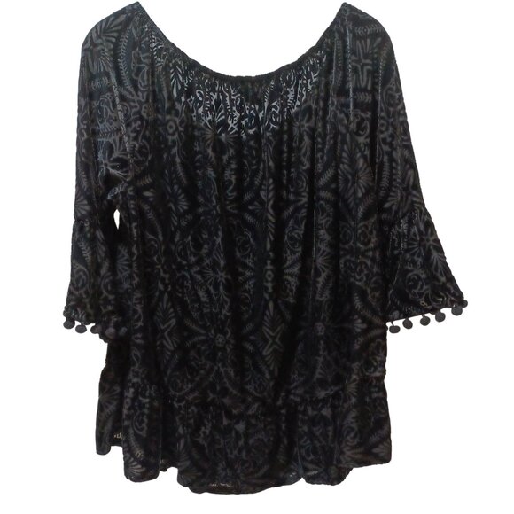 Womens Sheer Velvet Burnout Top Plus Size 0X Black Pom Pom Sleeve Boho Holiday - Picture 5 of 9
